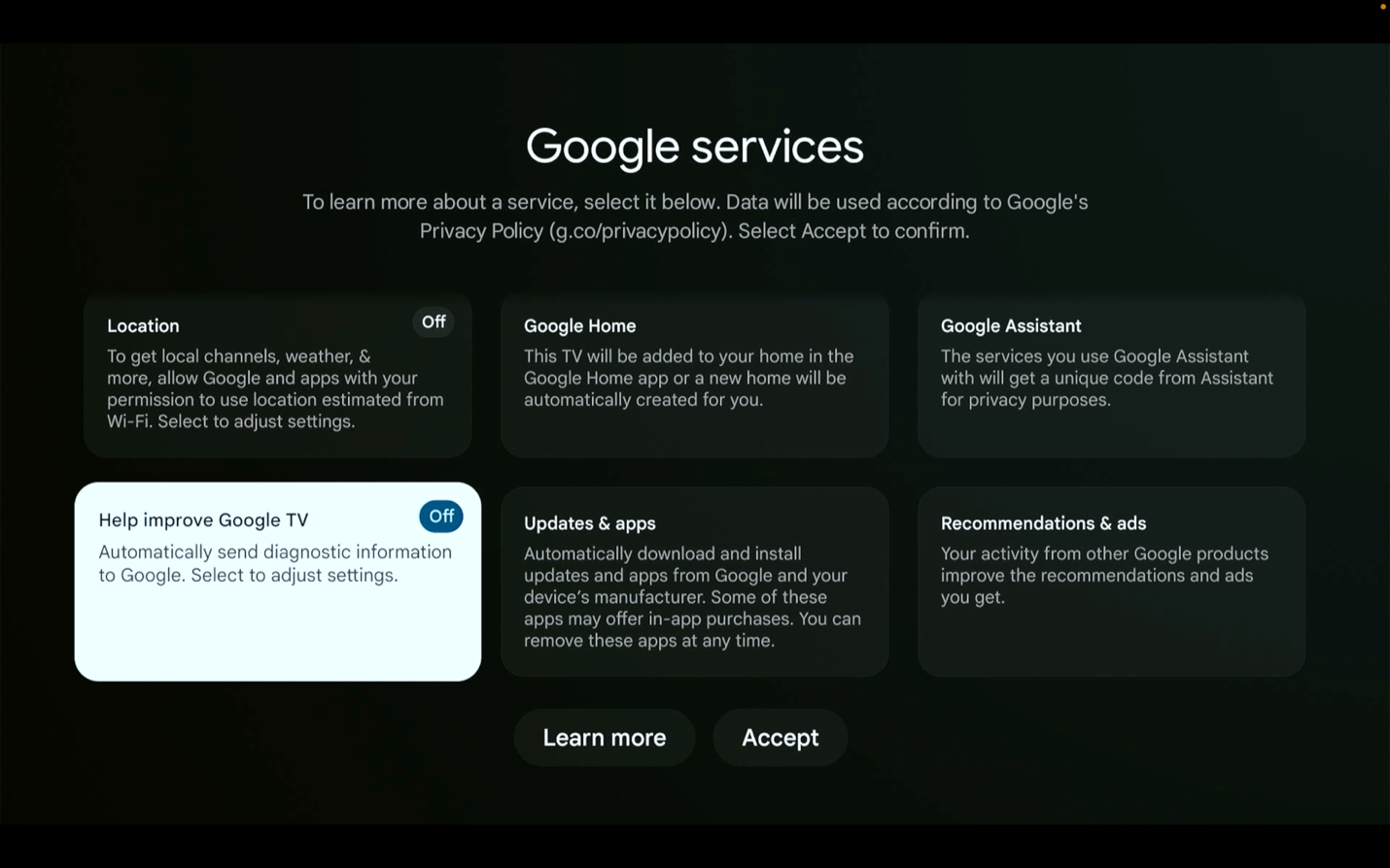 Disable Location and 'Help improve Google TV'